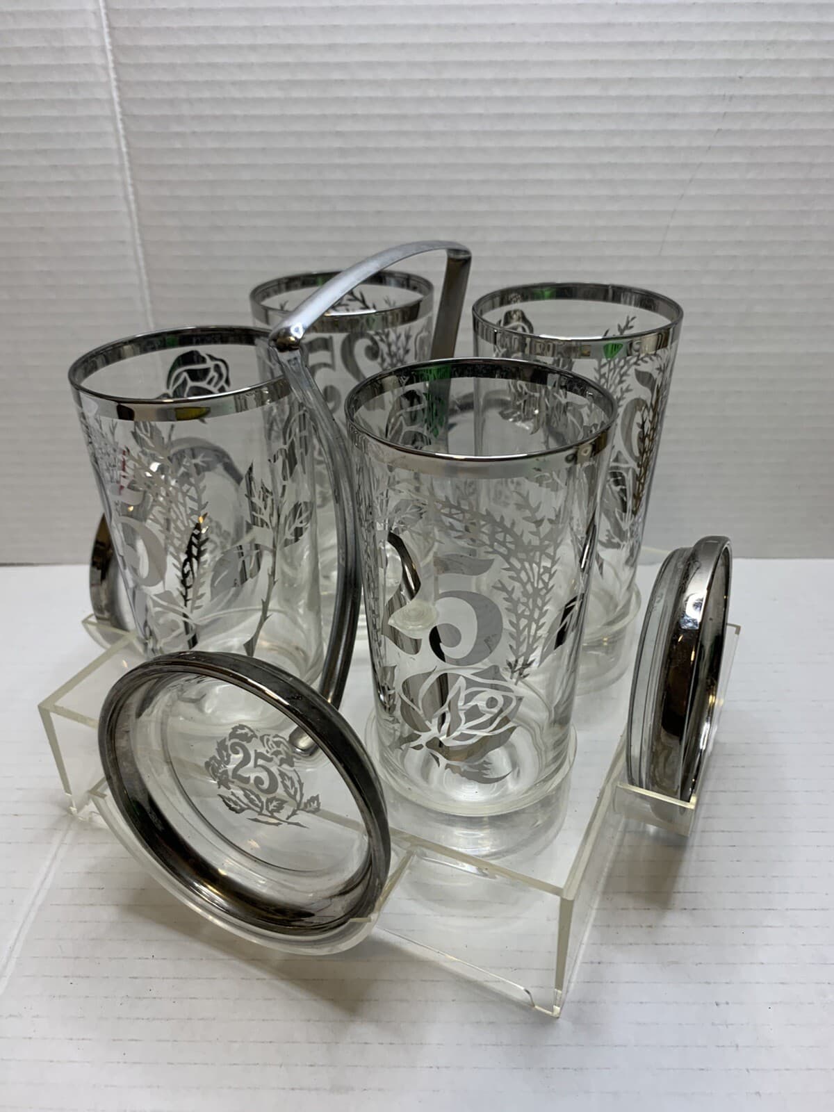 Set Of 4 Royal Lusterware 25th Anniversary Glasses W/holder Caddy & Coasters