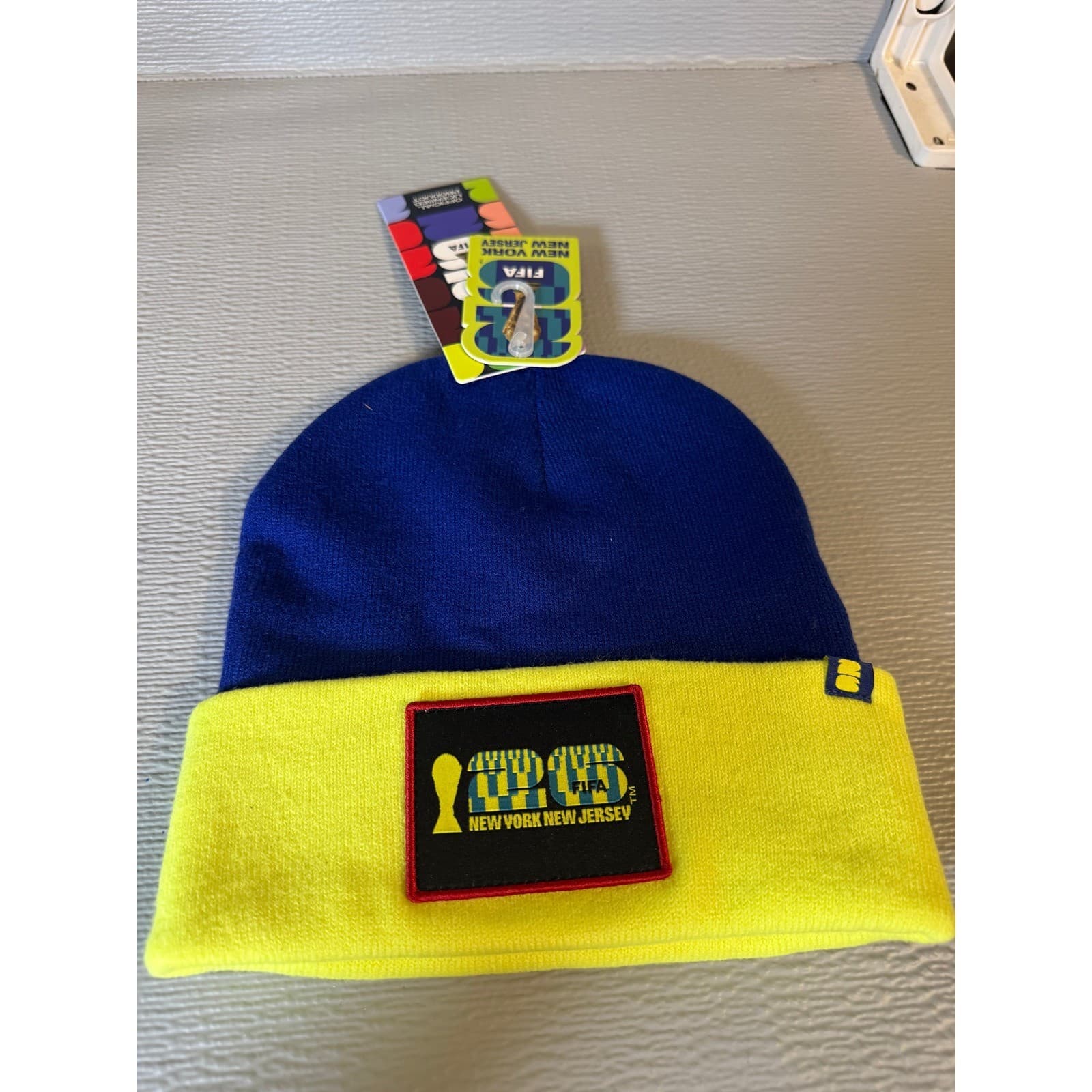 FIFA World Cup 2026 New York New Jersey Patch Beanie Blue Yellow PB1 Hat NWT
