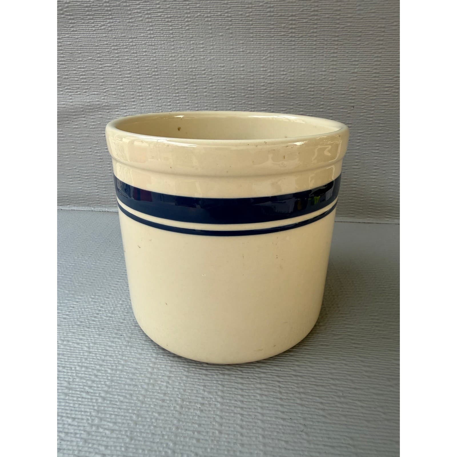 Stoneware Crock Blue Striped Cream Utensil Holder FP USA Roseville Ohio 2 Qt
