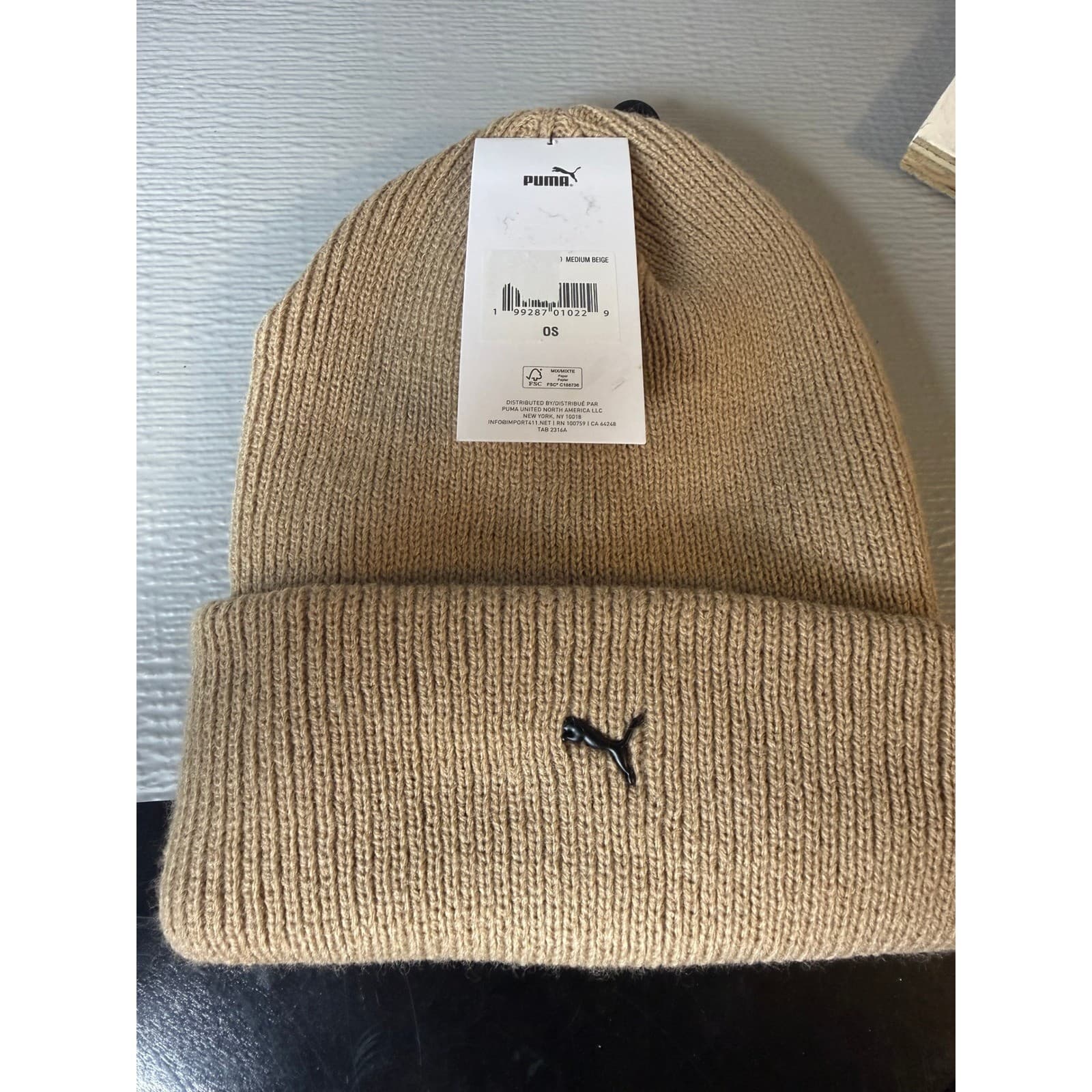 Puma Ribbed Knit Cuffed Beanie Hat Medium Beige