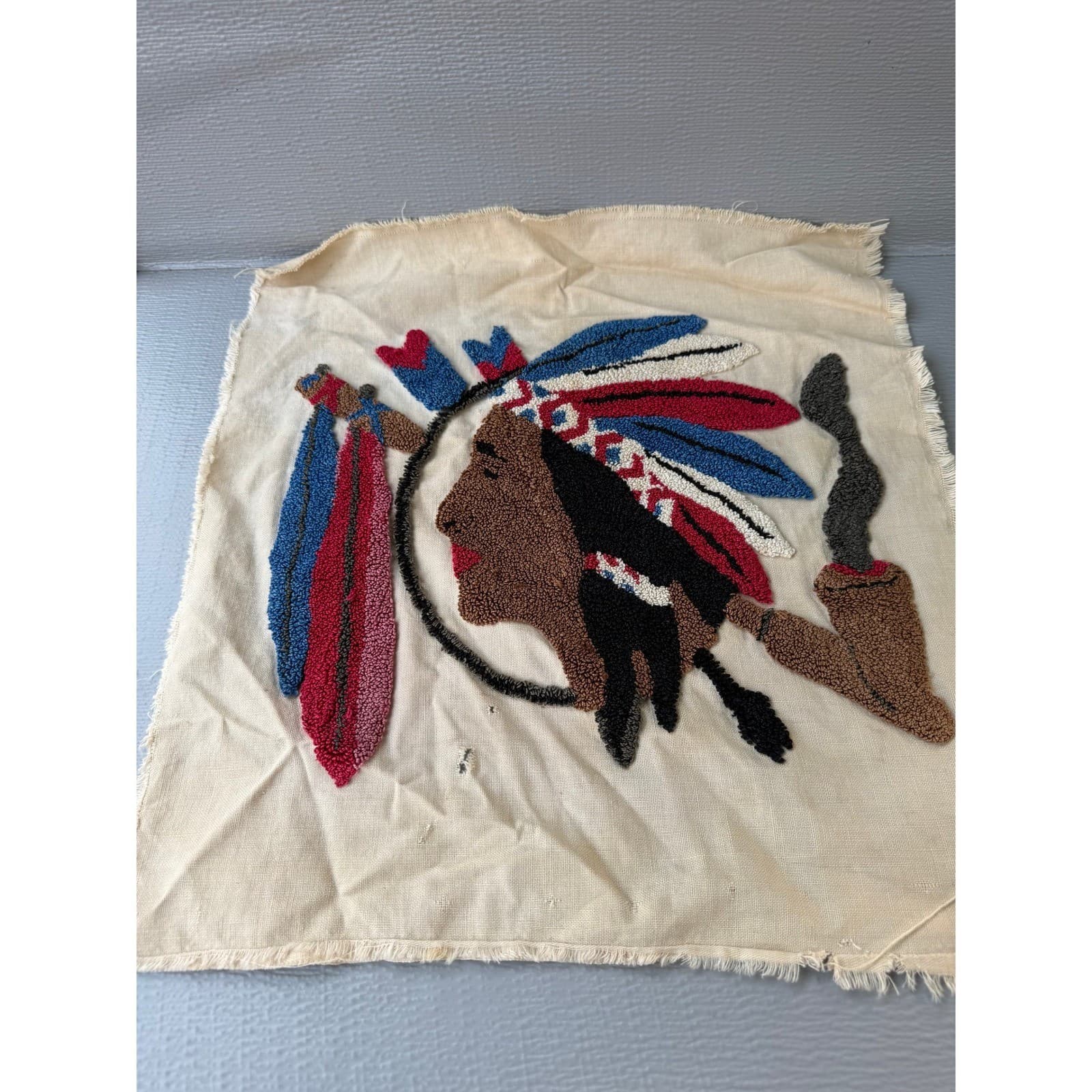 Vintage Punch Needle Rug Hook Native American Chief Textile Art Handmade 17x18
