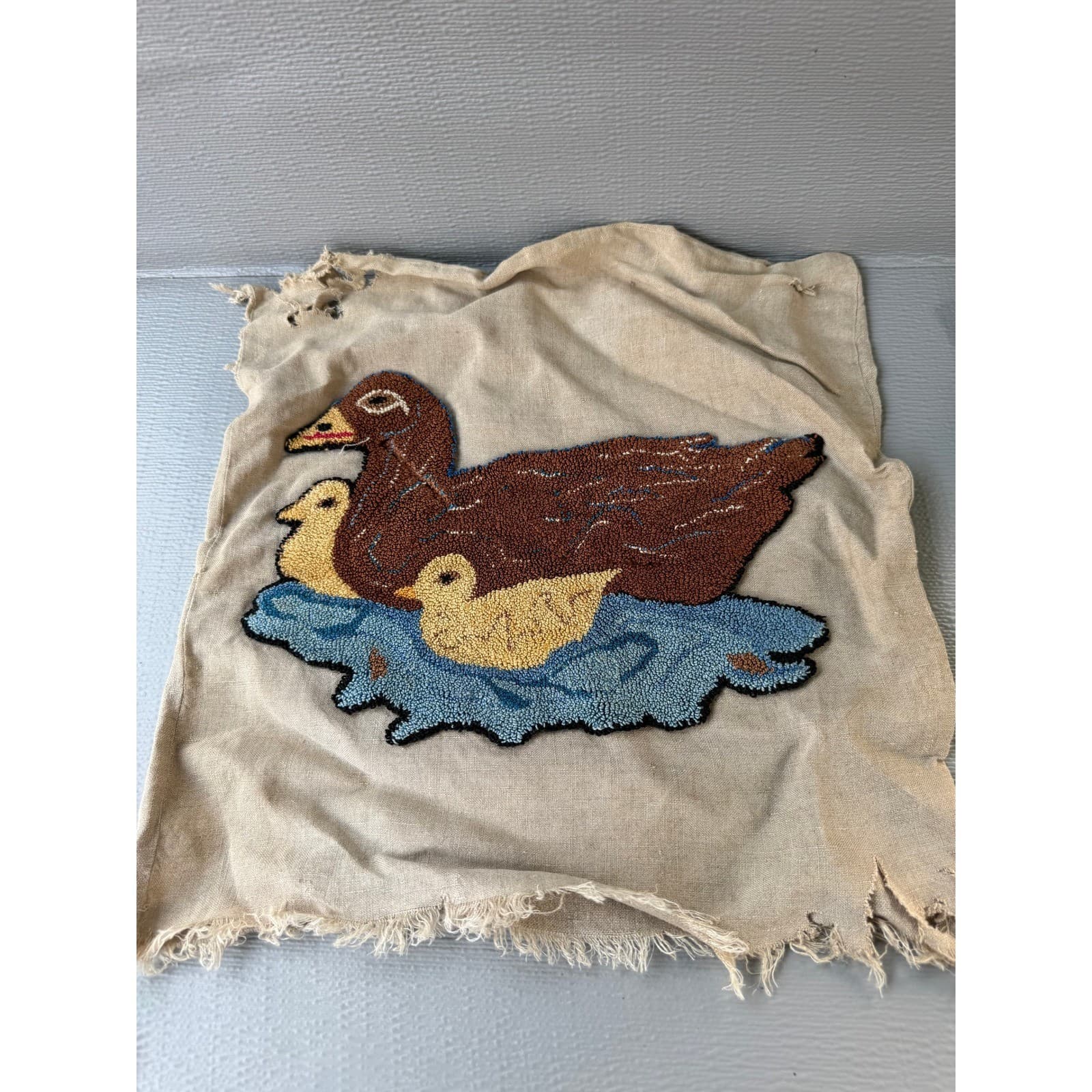 Vintage Handmade Punch Needle Rug Hook Duck Mallard Folk Art Textile 16x16.5