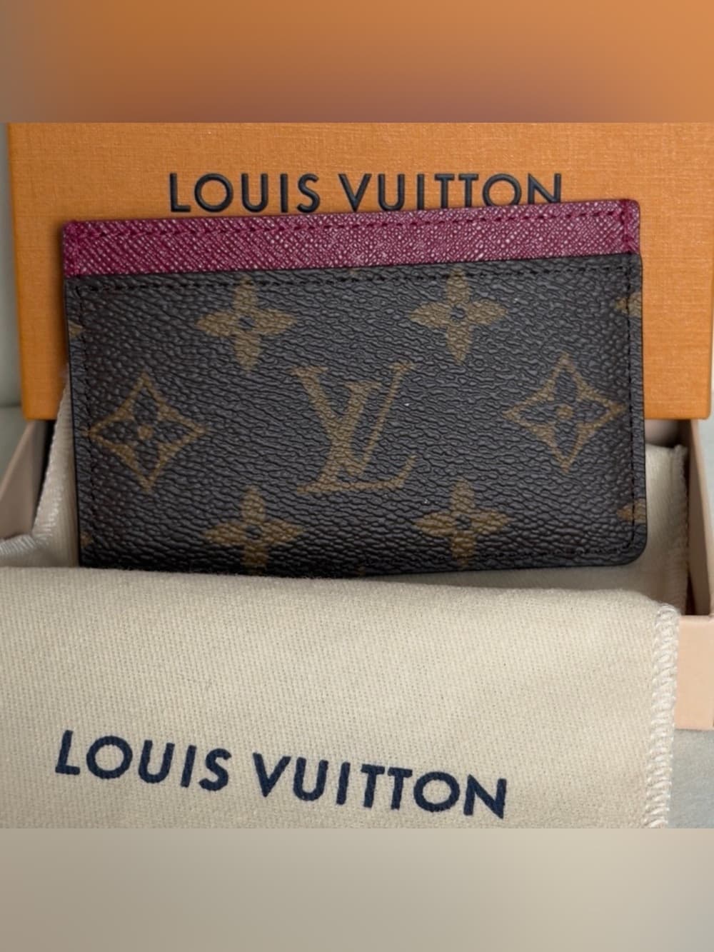 Louis Vuitton Logo Monogram Burgundy Card Holder Wallet RFID CHIPPED w/ Box