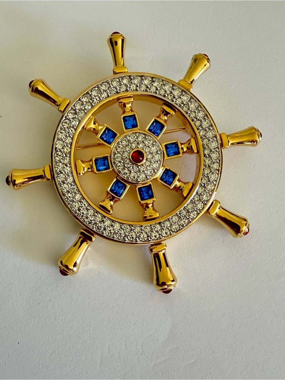 SWAROVSKI Nautical Ship Wheel Brooch Gemstone Crystal Blue Red Gold Pin Cruise