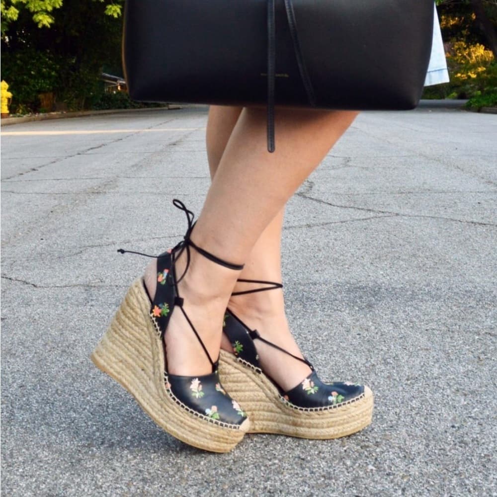 Saint Laurent YSL Floral Black Leather Ankle Wrap Espadrille Wedge Heel EU 40