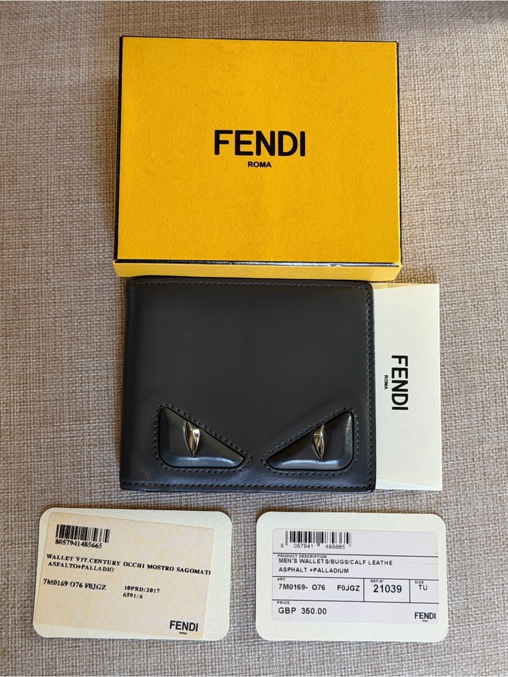 FENDI Bugs Monster Grey Asphalt Leather Palladium Eyes Bifold Men’s Wallet Box