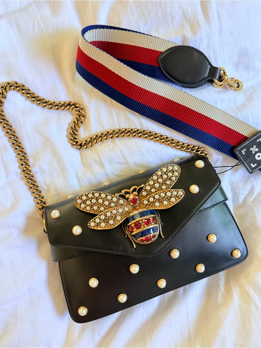 Gucci Queen Margaret Broadway Shoulder HandBag Black Leather Pearl Studded COA