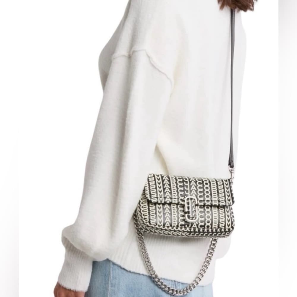 NEW MARC JABOBS Logo Monogram Silver Chain Leather Crossbody Bag Black Cream