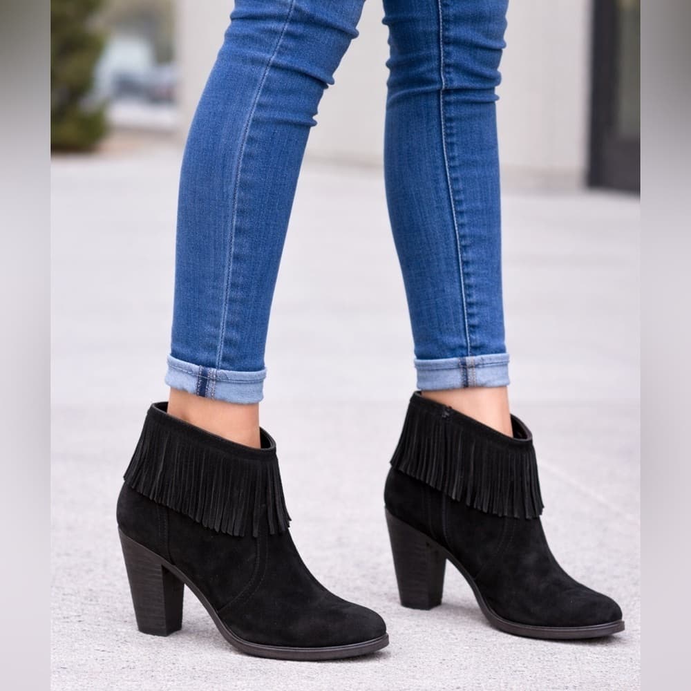 JOIE Black Leather Suede Fringe Trim Western High Heel ankle Short Booties EU 38