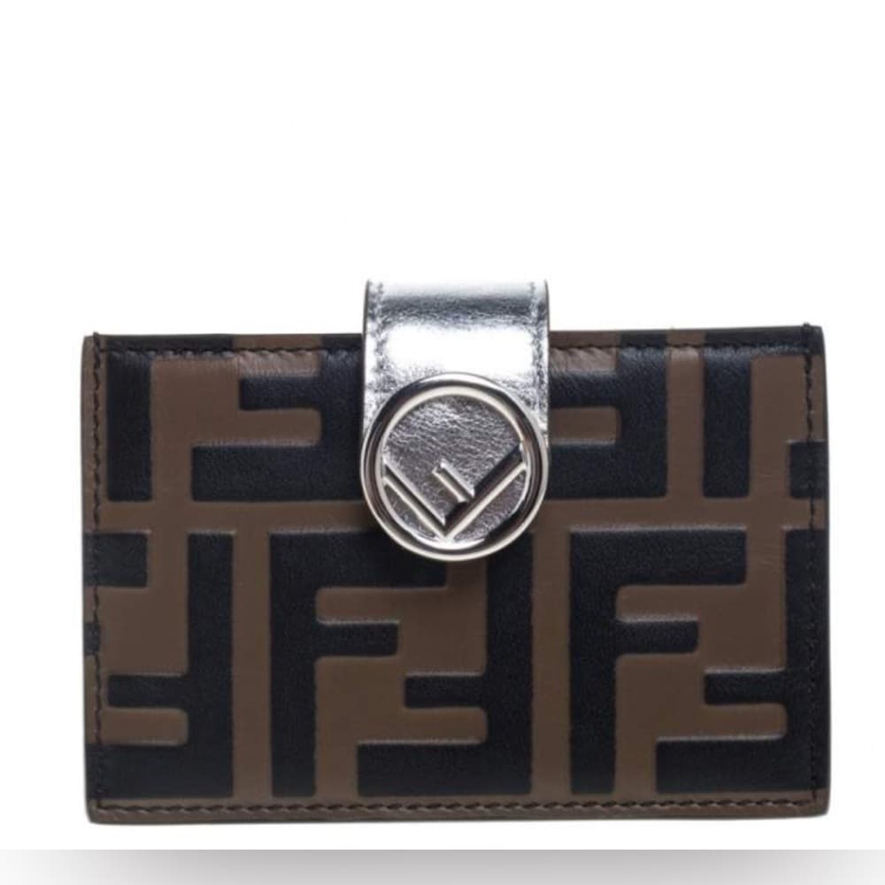 FENDI Tobacco Silver FF Zucca Lambskin Leather Maya Snap Accordion Card Wallet