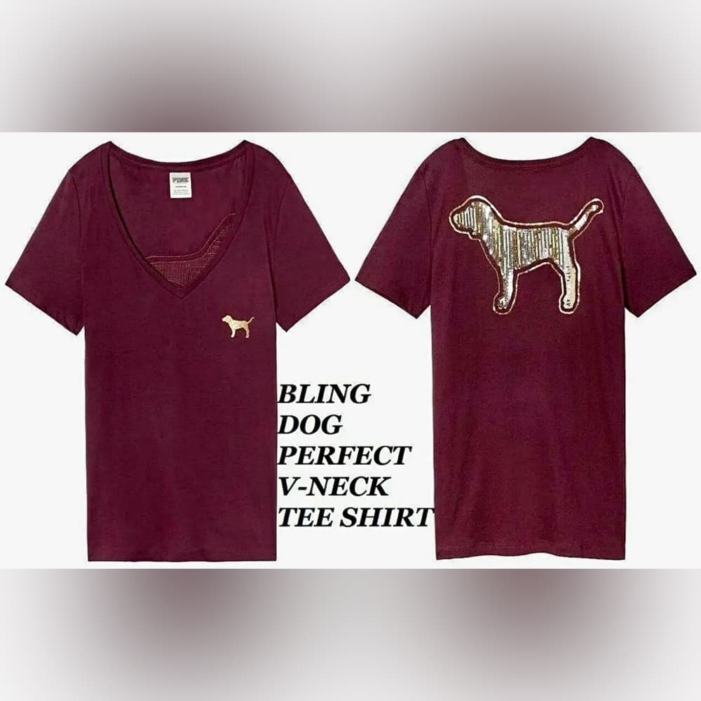 NEW π Victorias Secret VS PINK BLING Perfect V Neck T Shirt SEQUINS DOG Medium