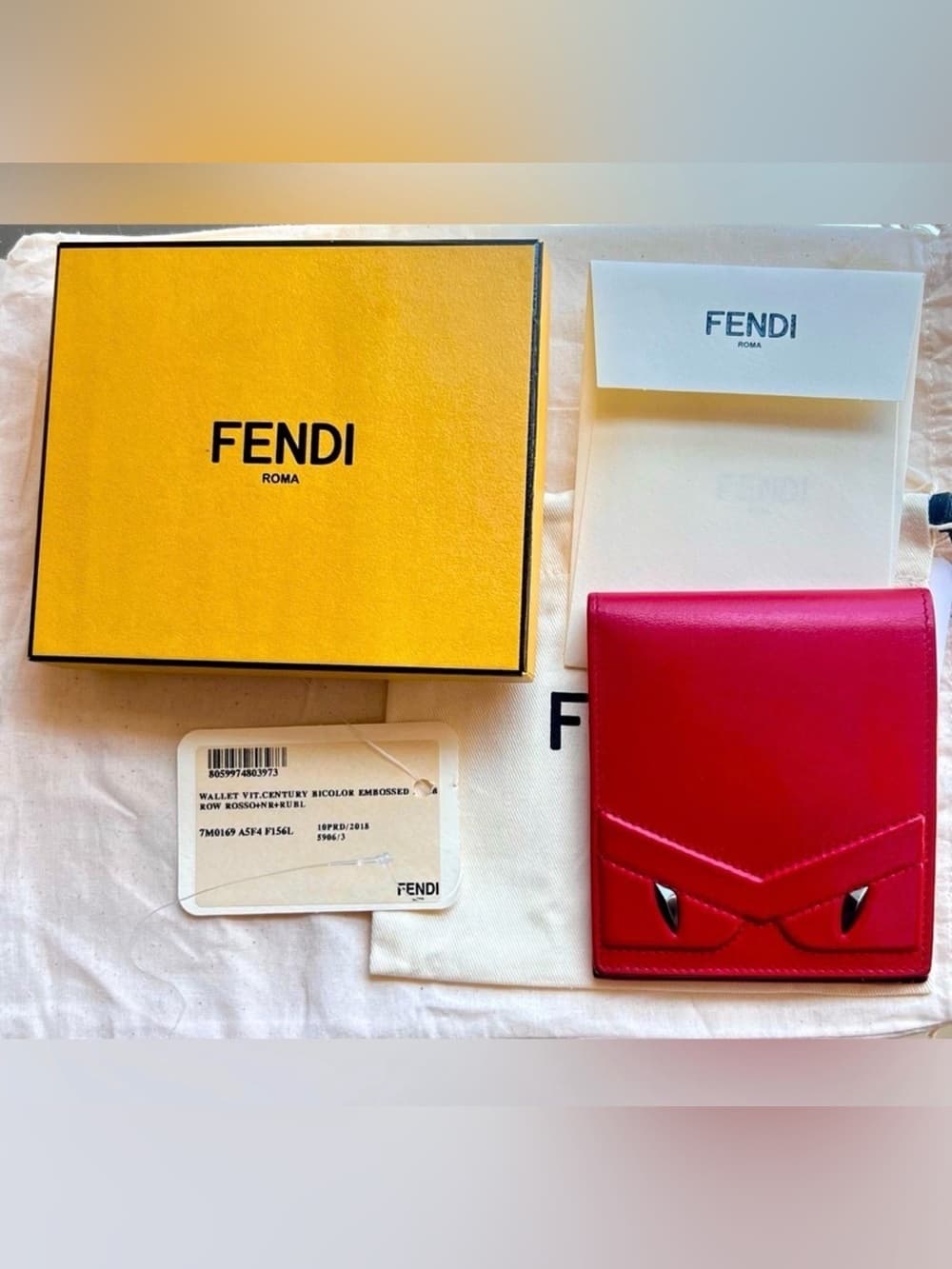 FENDI Monster Metal Bug Eyes Red & Black Leather Bifold Card Bill Wallet RARE