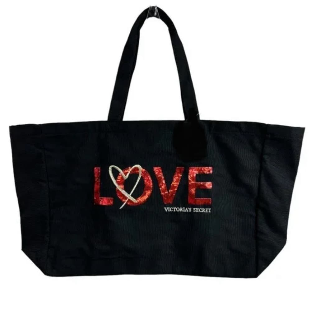 NEW VICTORIA’S SECRET Love Canvas Black Tote RED SEQUINS Love Limited Edition