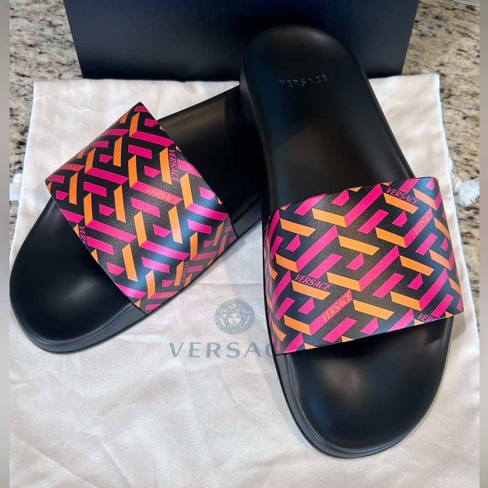 Versace Gomma Stampa Monogram Pool Slides Magenta Tangerine Men Sandals EU 44