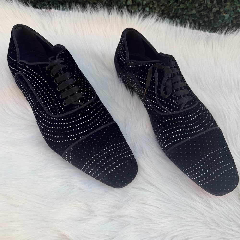 Christian Louboutin CL Greggy Chick Black Velvet Studded Ribbon Lace Size US 8.5