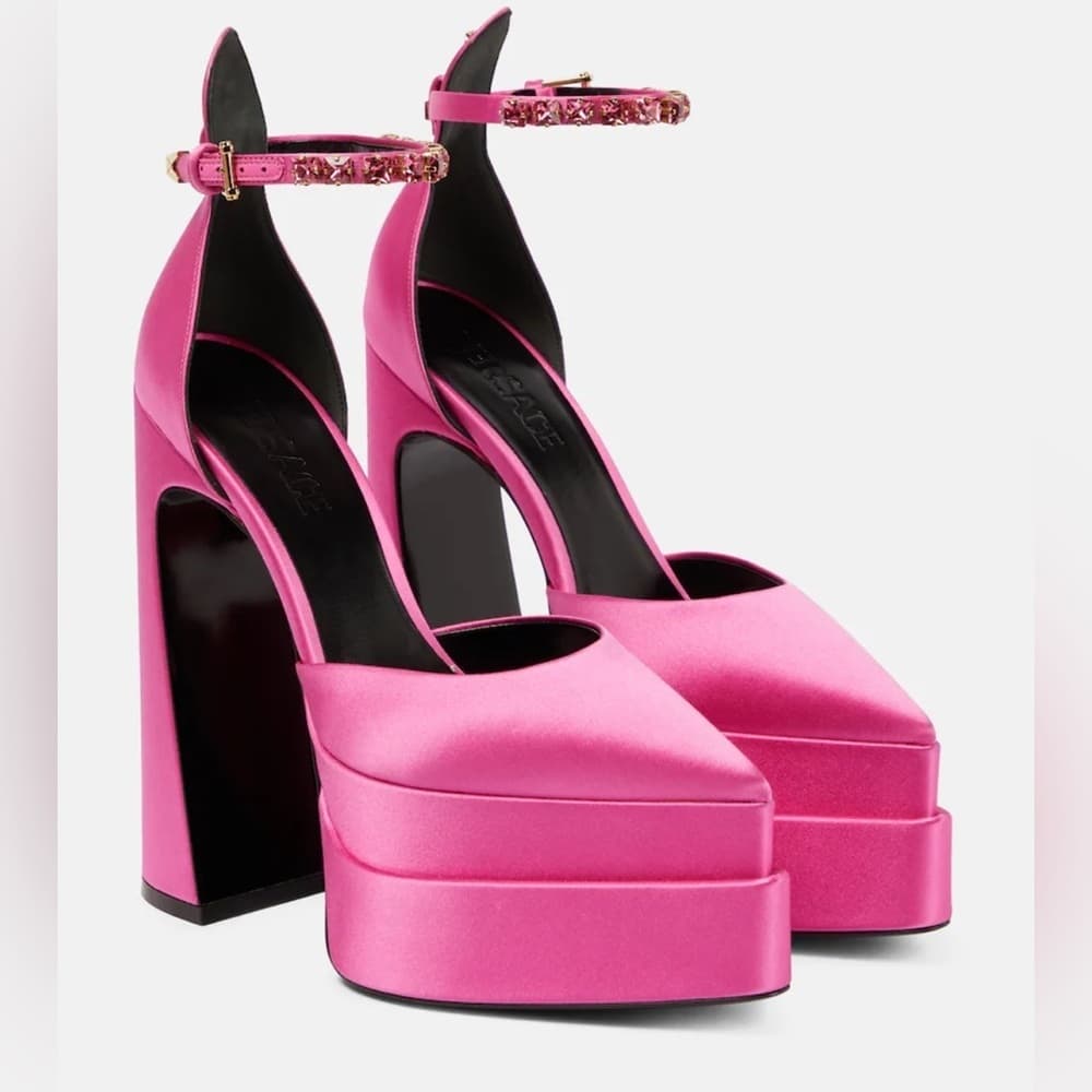 VERSACE Decollete Pink Lemonade Satin Platform Crystal Pointy Heels EU 40