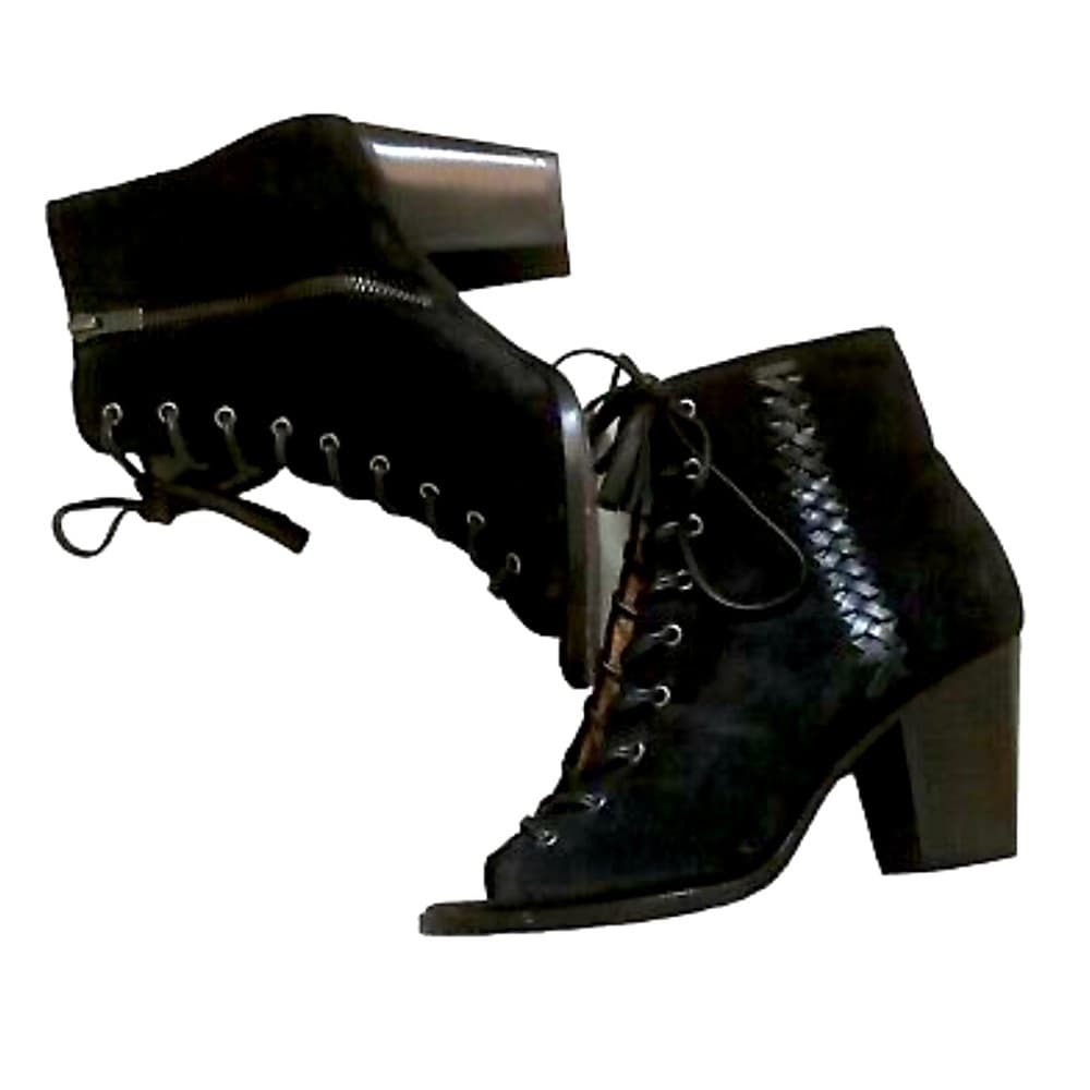 EUC FRYE Black Dani Whipstitch Suede Leather Peep Toe Chunky Heel Booties US 7.5