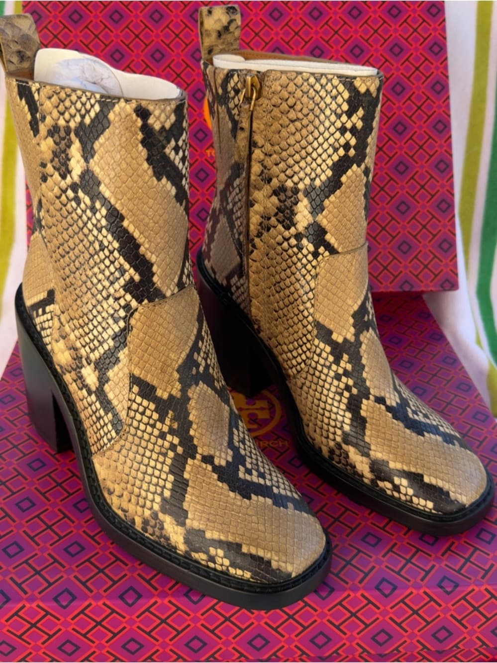 Tory Burch ROCCIO Snake Print Leather Western Ankle Heel Boots 7.5 NEW $595