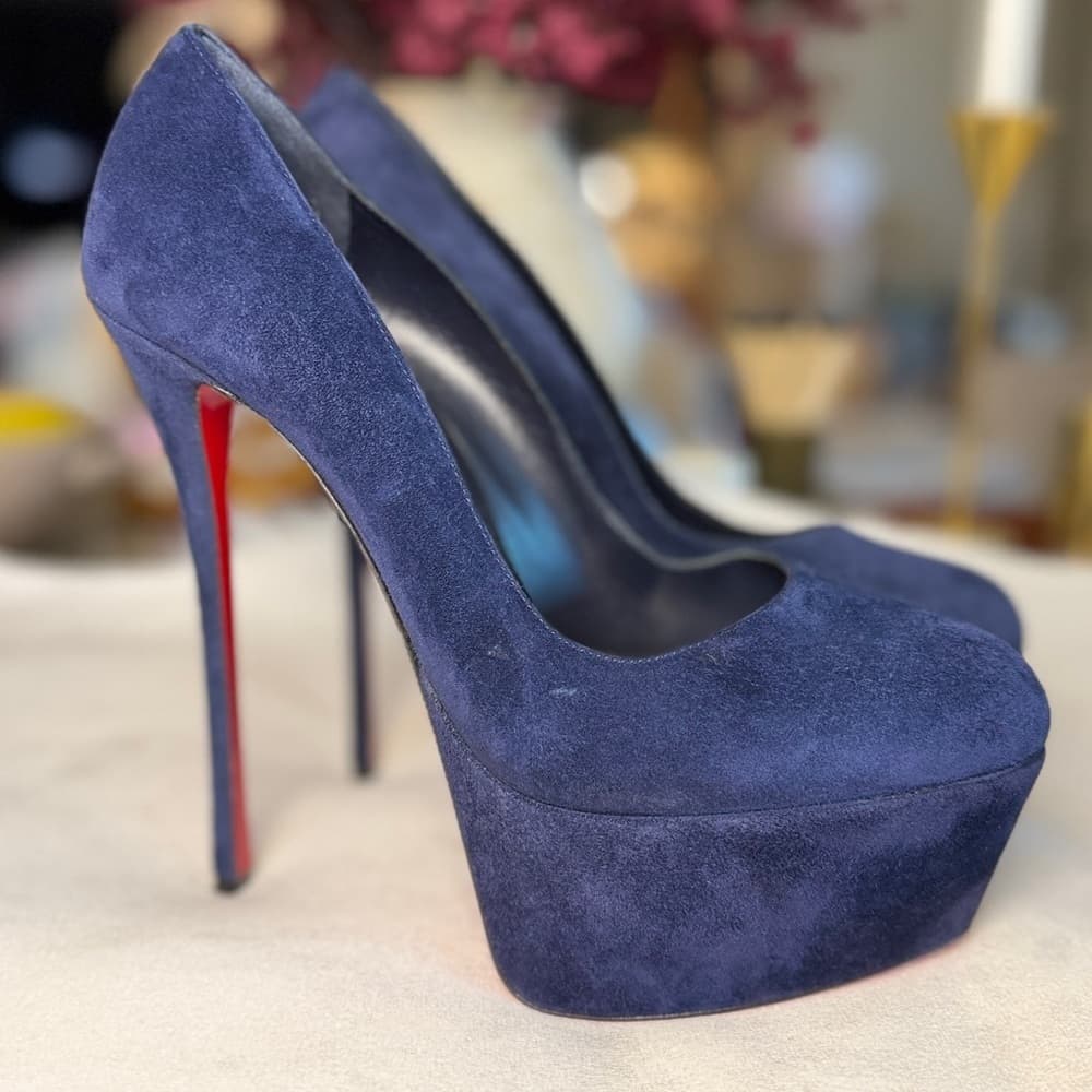 Christian Louboutin Lady 160 mm Pumps Navy Blue Suede Platform Heels Size EU 40