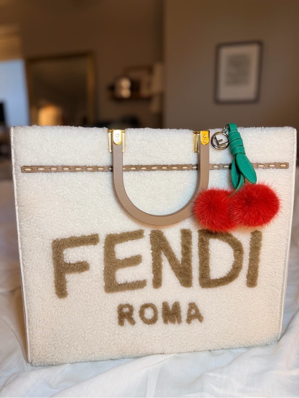 Fendi Cherry Pom Pom Bag Charm Keychain Red Fur Green Leather Silver FF Logo