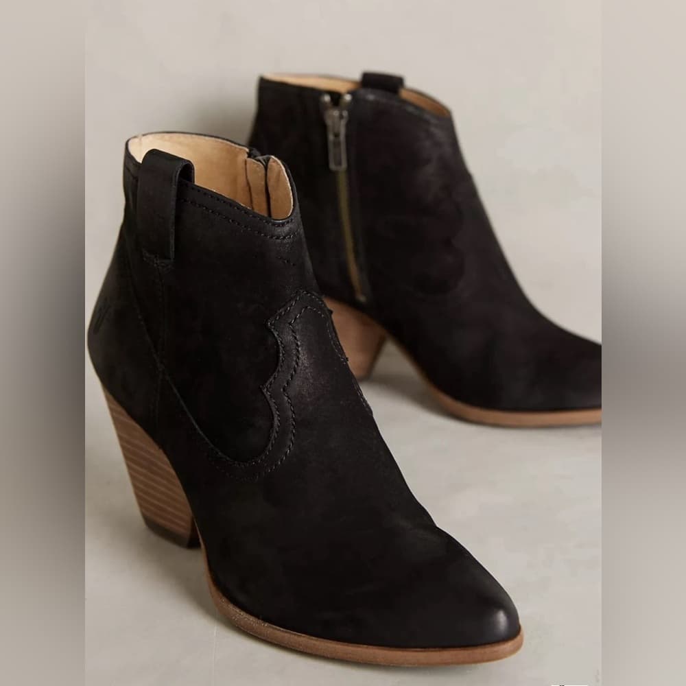 FRYE Reina Black Suede Oil Slick Leather Ankle Chunky Heel Booties US 7