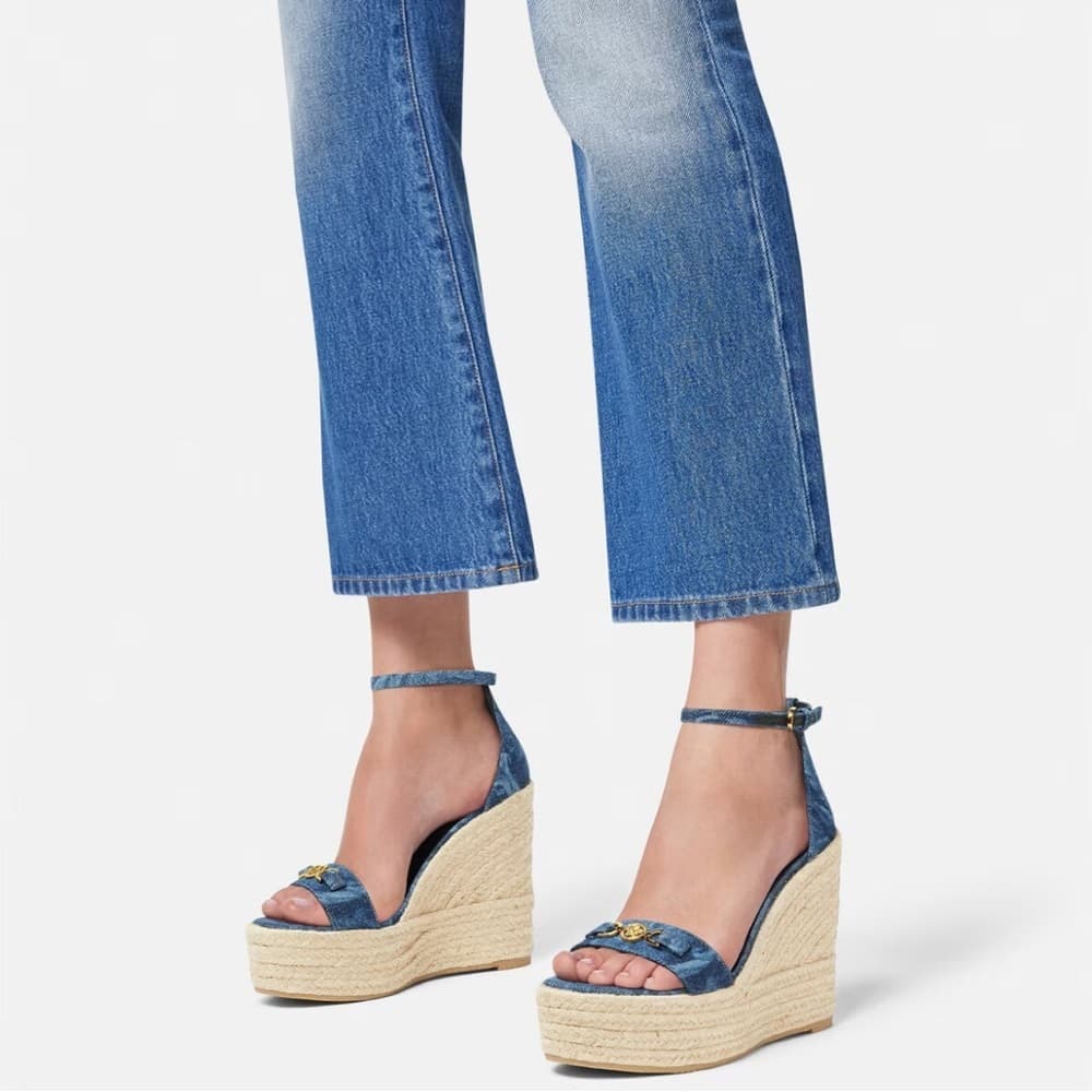 NEW VERSACE β95 Medusa Crystals Denim Barocco Print Platform Wedge Sandals 41