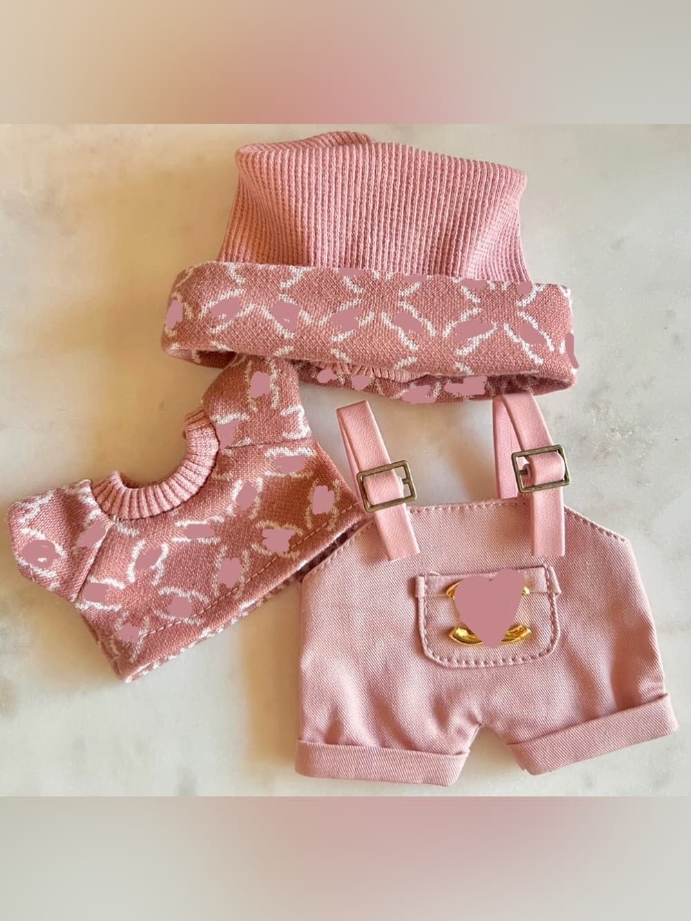 Labubu Clothes Luxury Designer Inspired 3 piece Shirt Hat Overalls Pink & White