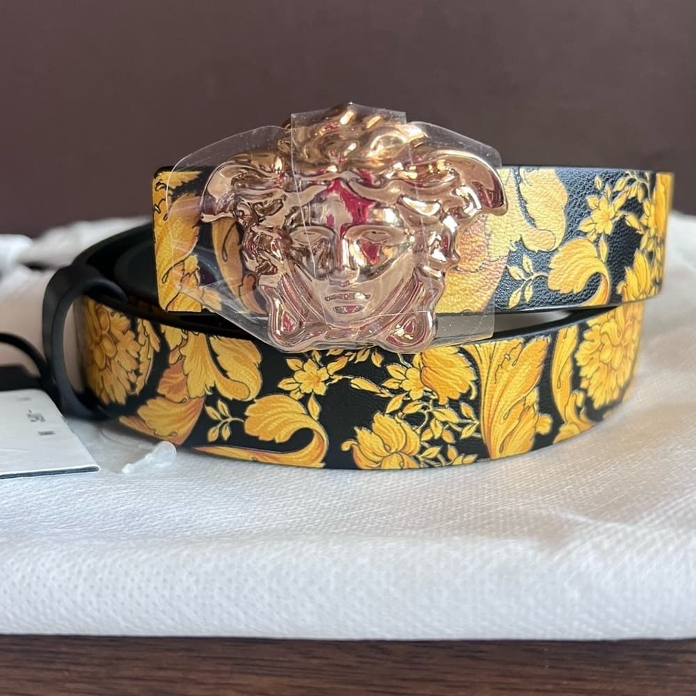 NEW VERSACE Medusa Gold Belt Buckle Black Yellow Baroque & REVERSIBLE! 70/28