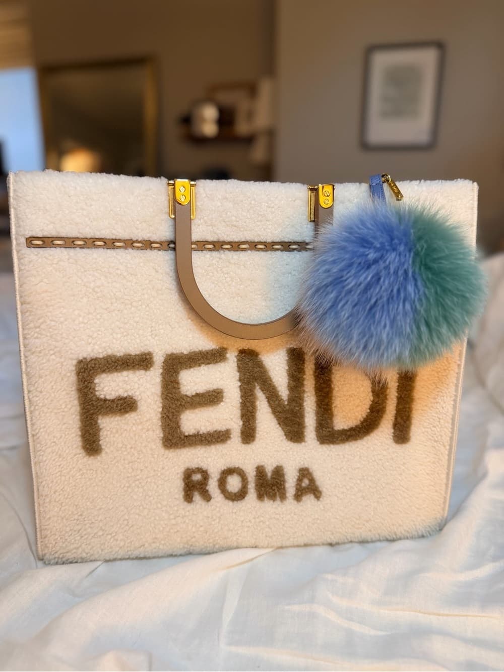 FENDI Tricolor Fox Fur Pom Pom Fendi Bag Charm Keychain Pastel Blue Pink Green