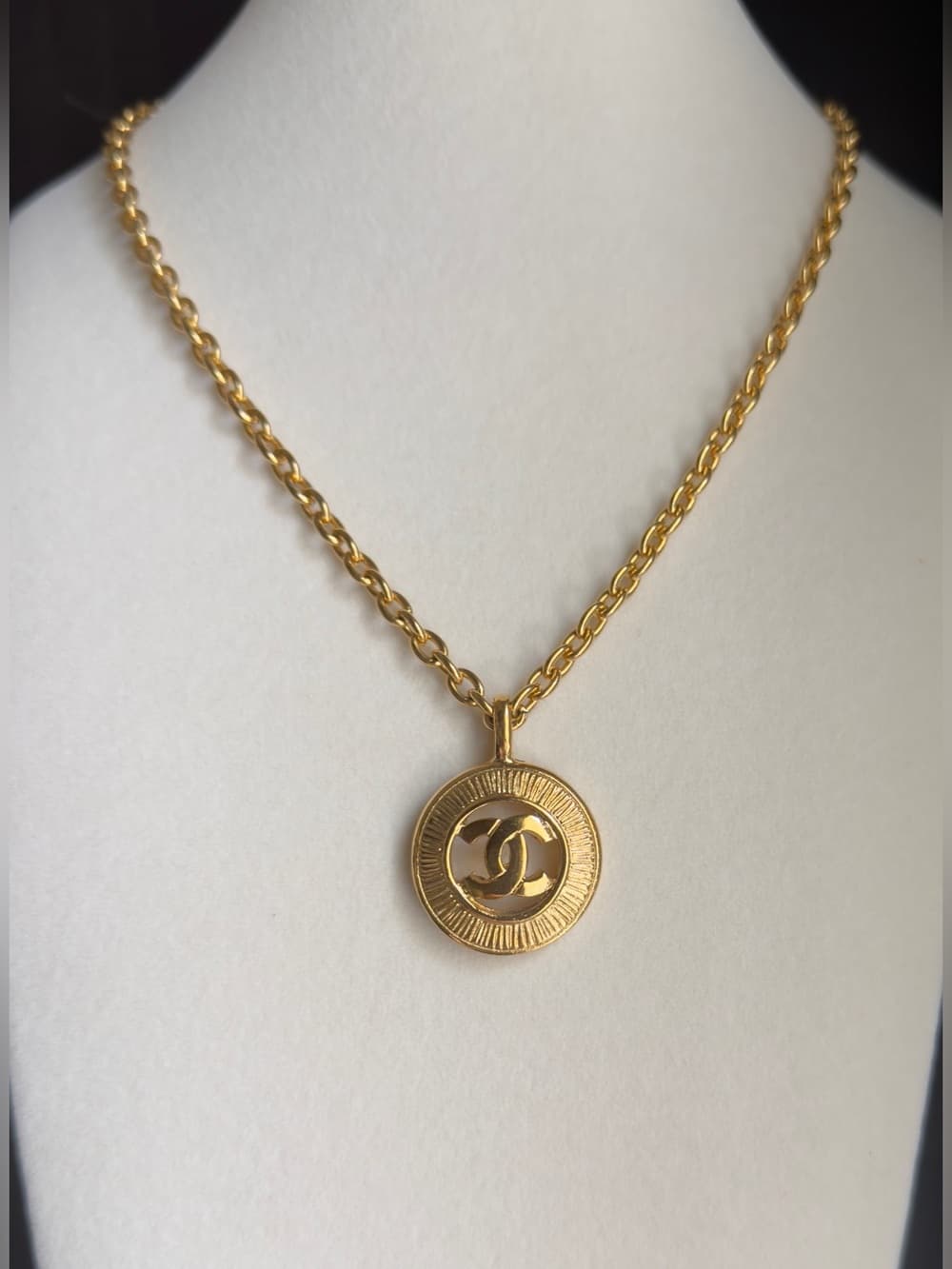CHANEL CC SUNBURST Cut out Medallion Gold Plated Necklace Vintage Style Pendant
