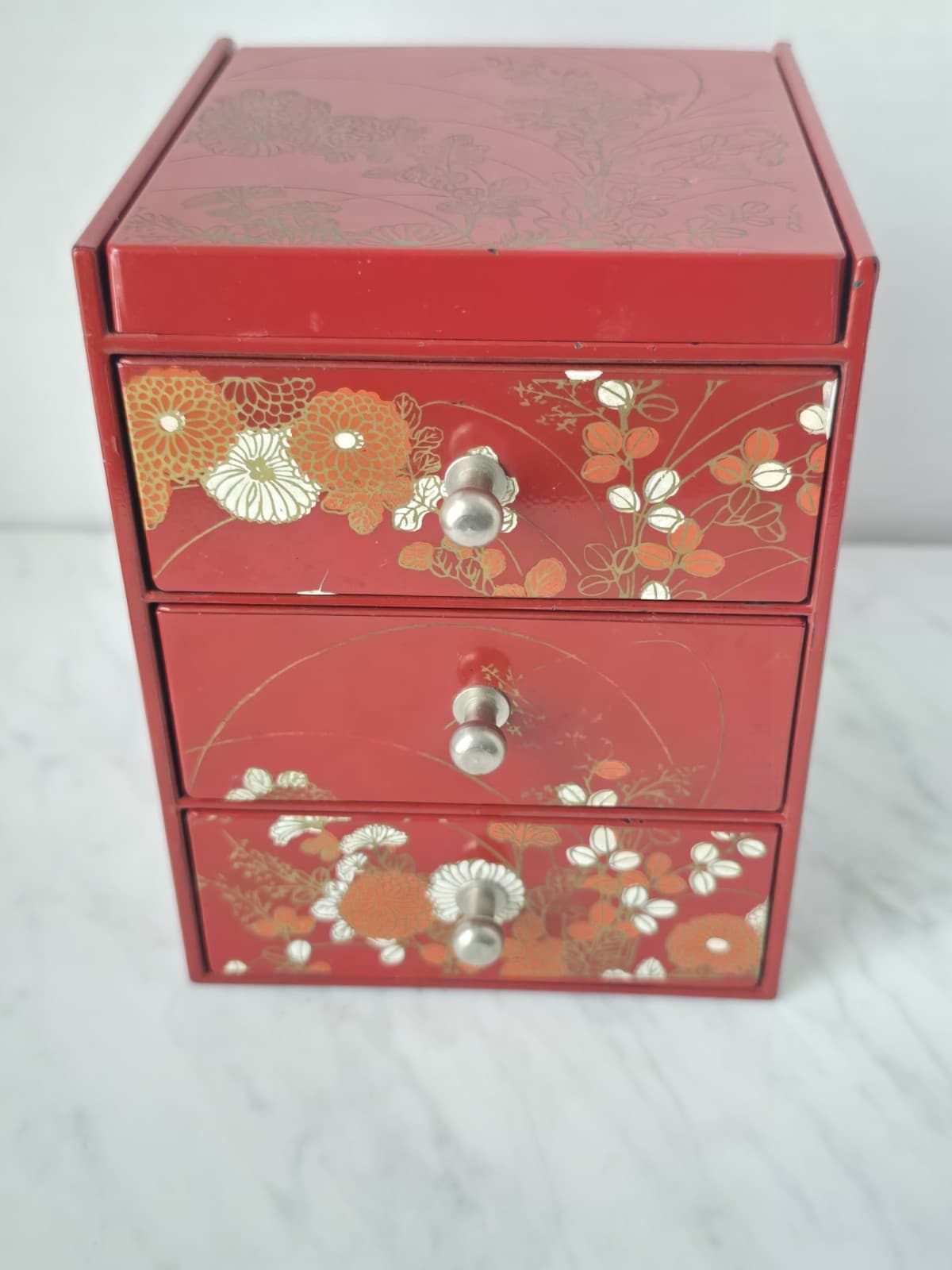 Vintage Red Lacquer 3-Drawer Jewelly Box With Floral Chiyogami Pattern