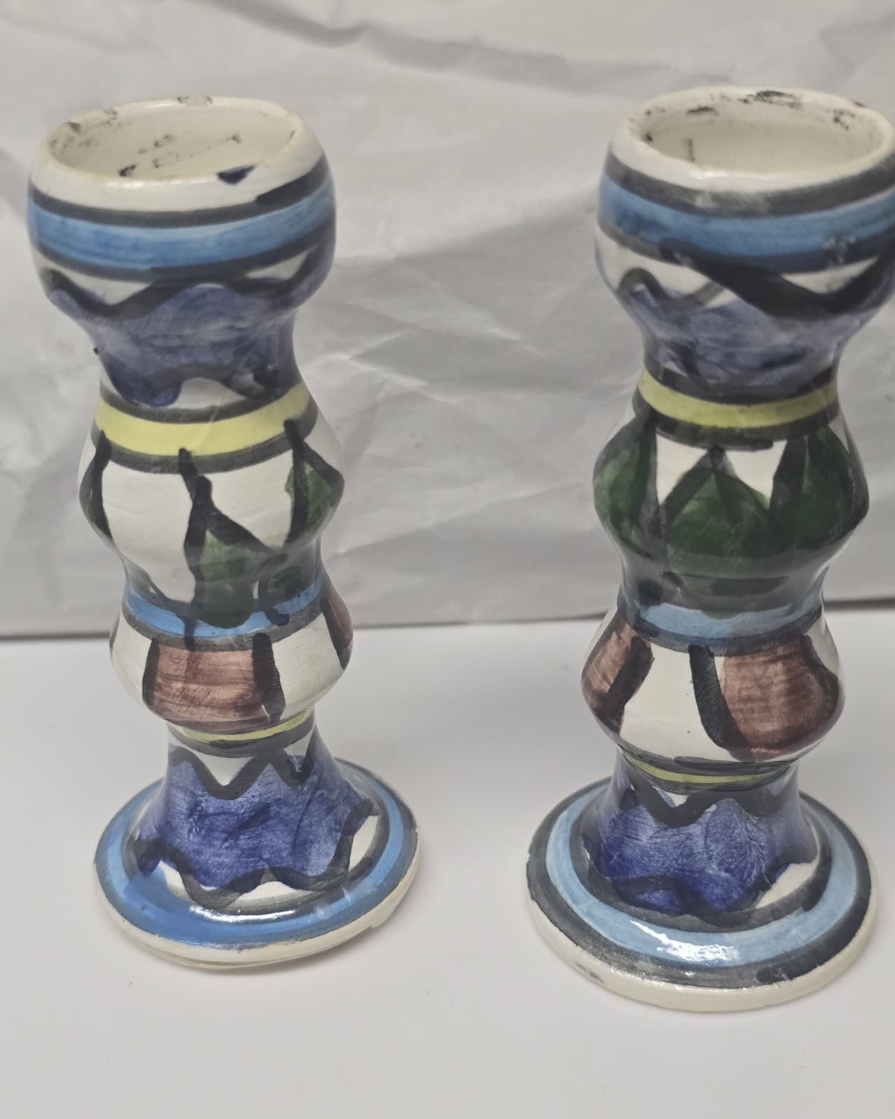 Vintage Israeli Ceramic Armenian Pottery Iznik Shabbat Candlesticks Set of 2 4.5