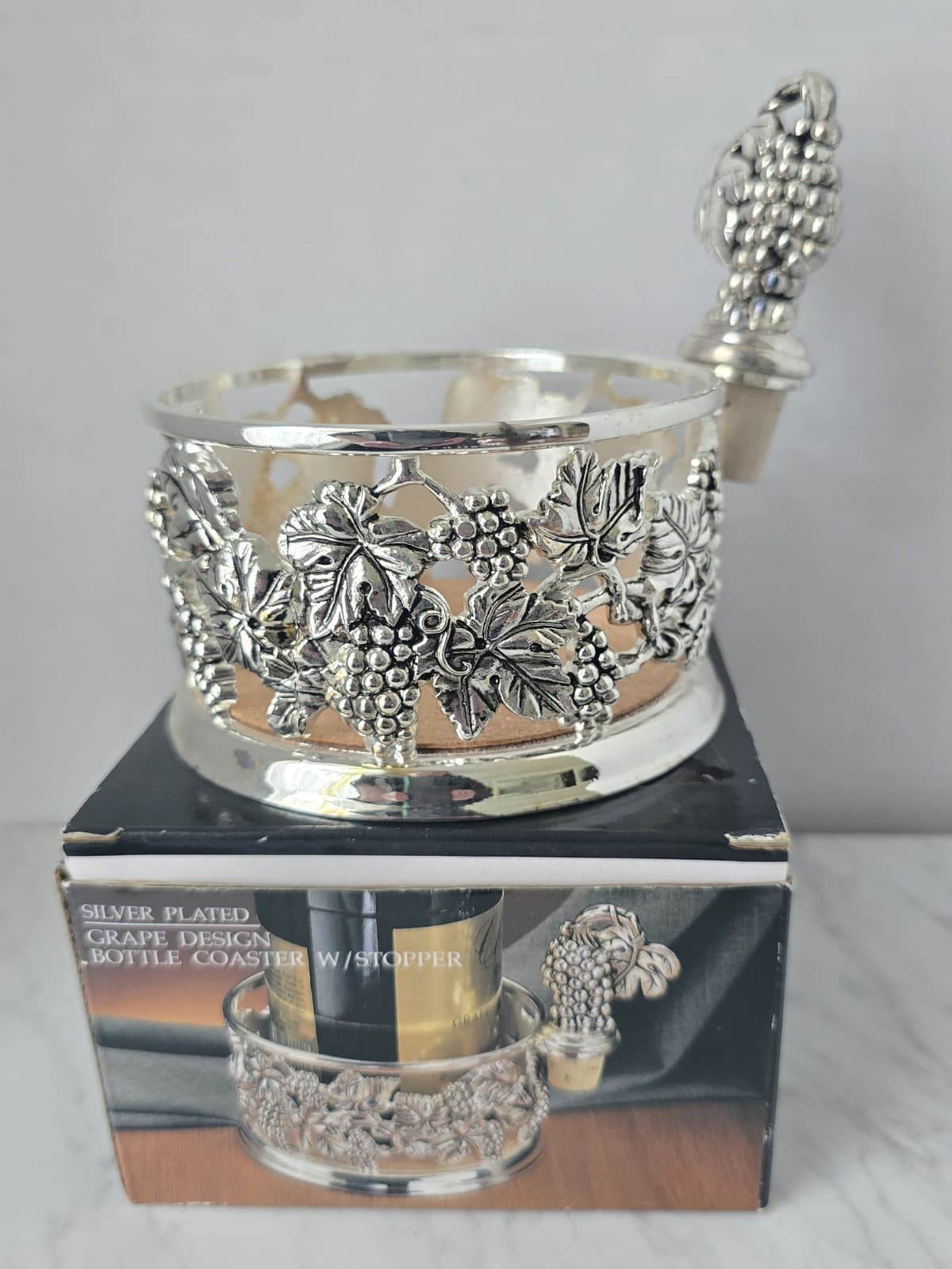 Vintage Godinger Silver Plated Wine Bottle Coaster & Stopper Set - NOS