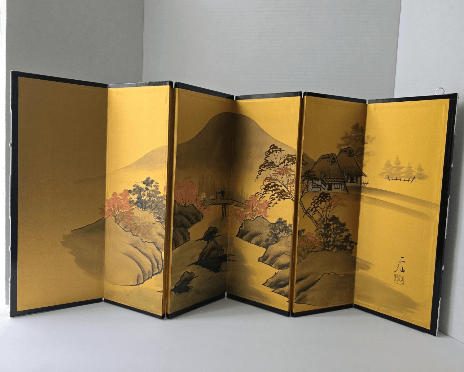 Vintage Japanese Miniature Byobu Folding Screen Gold Leaf Landscape Art Nizan