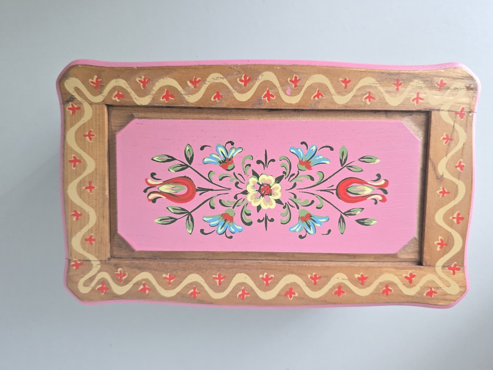 Vintage Hand Painted Wooden Music Jewelry Box Folk Art Floral - Made in Japan