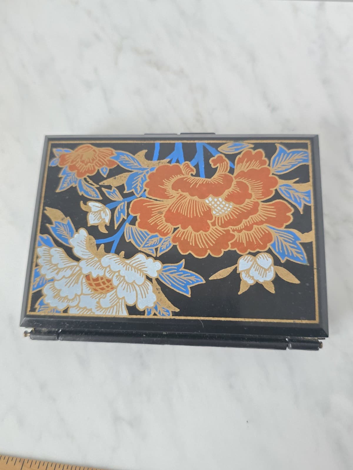 Vintage Asian Floral Travel Jewelry Box Compact with Mirror - 6 Compartment