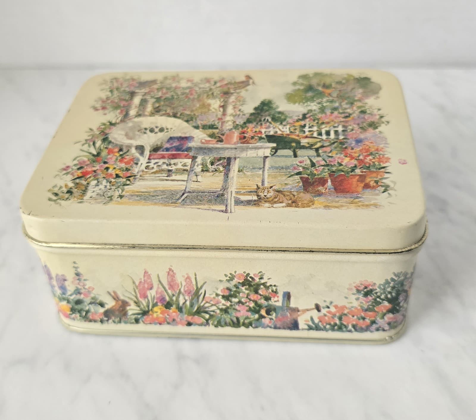 Vintage Cottage Garden Lithograph Metal Storage Tin