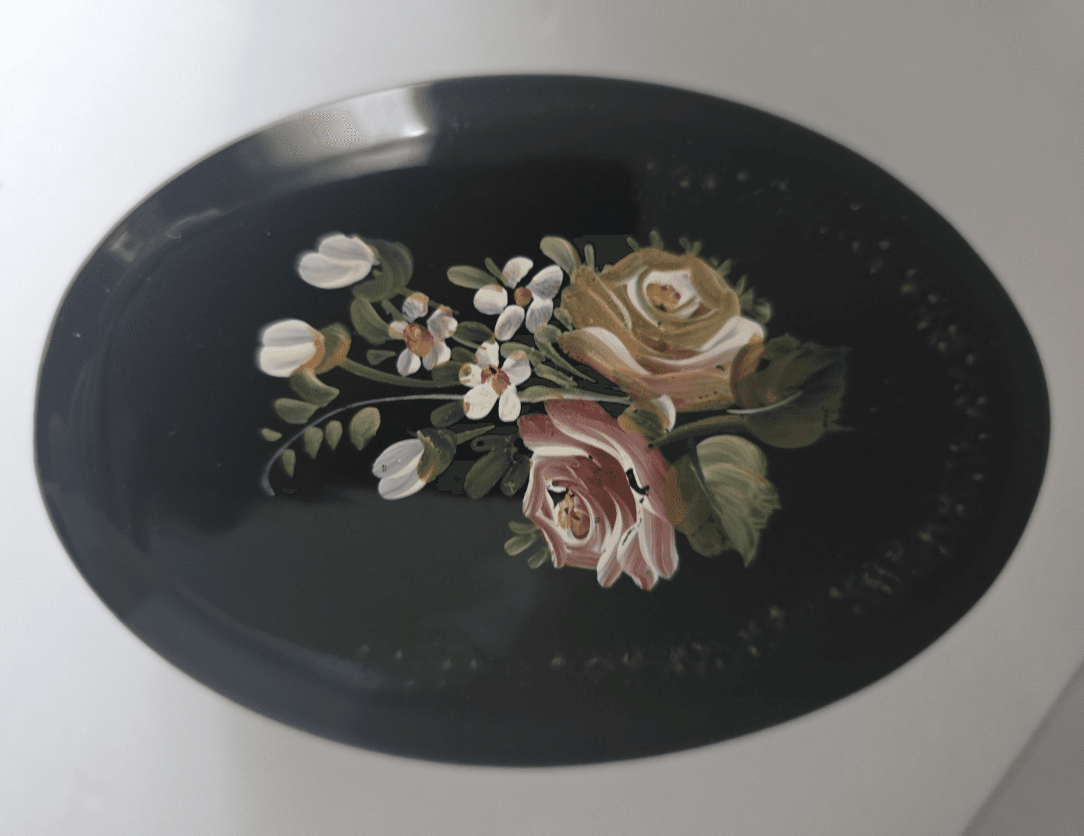 Vintage Portuguese Hand Painted Black Ceramic Floral Trinket Box