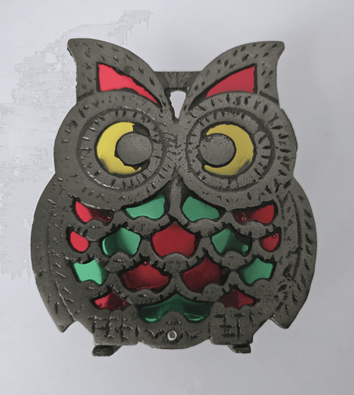 Vintage Cast Iron & Faux Stained Glass Owl Napkin Holder - 1970s MCM Kitsch