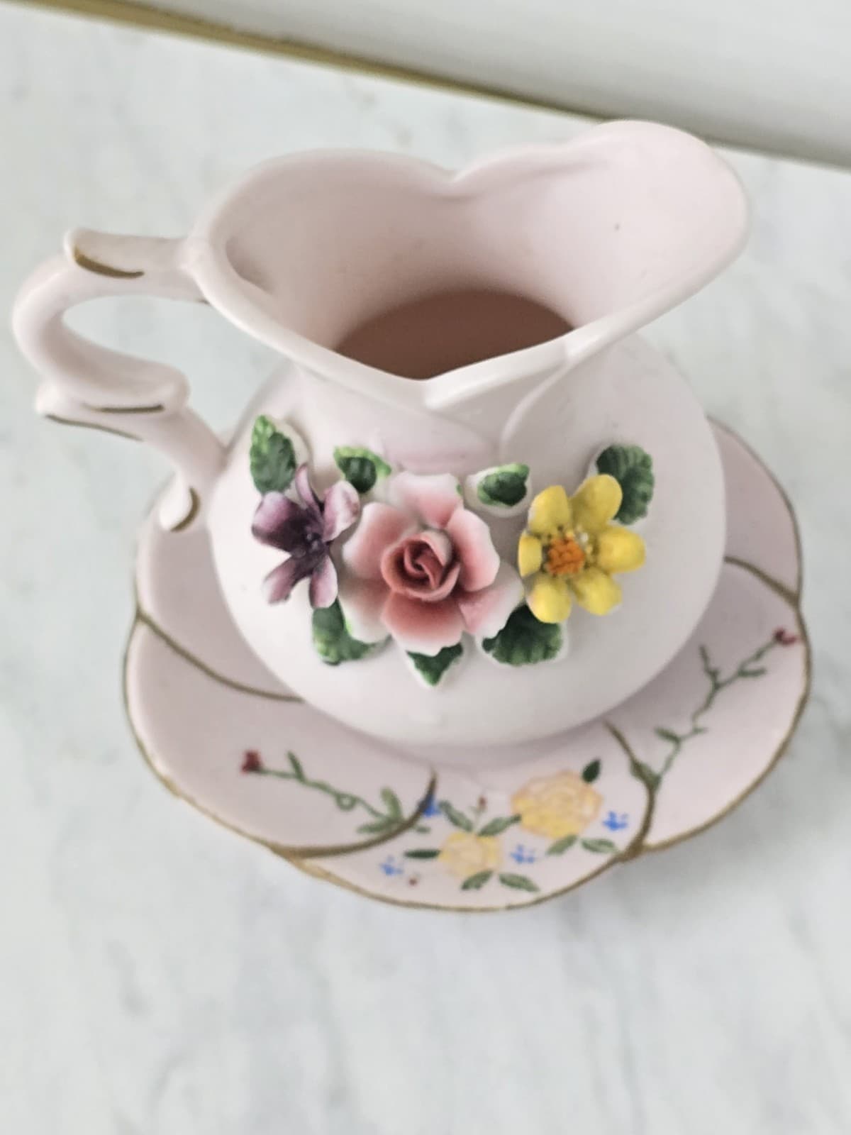 Vintage Miniature Pink Porcelain Creamer & Saucer Set with Raised Floral Details