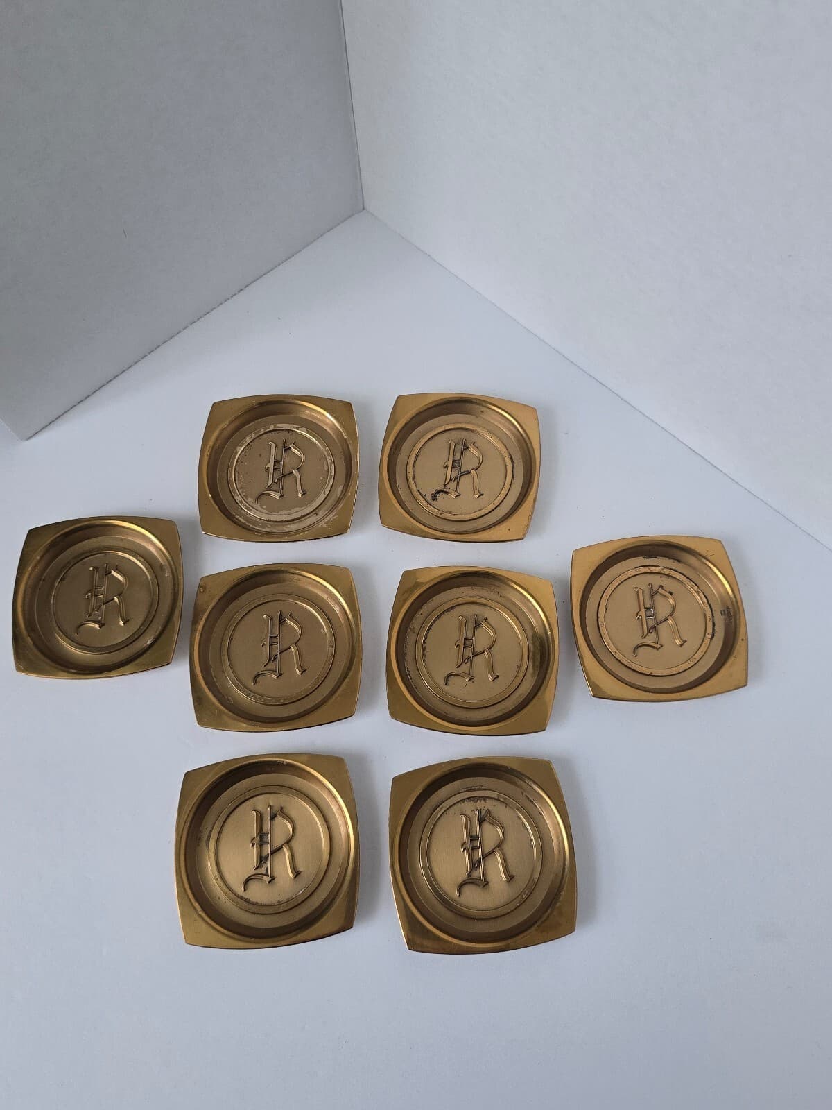 Vintage Hyde Park Solid Brass Coasters – Monogrammed "R" (Set of 8)