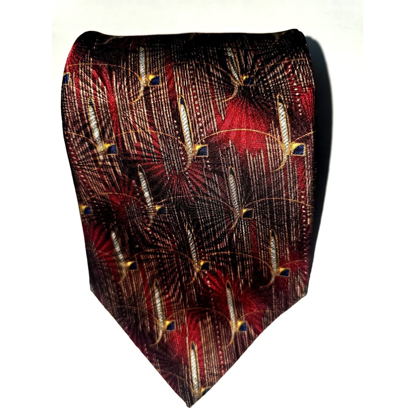 Vintage Bill Blass Black Label Mens Silk Tie Red Gold Abstract Feather Geometric