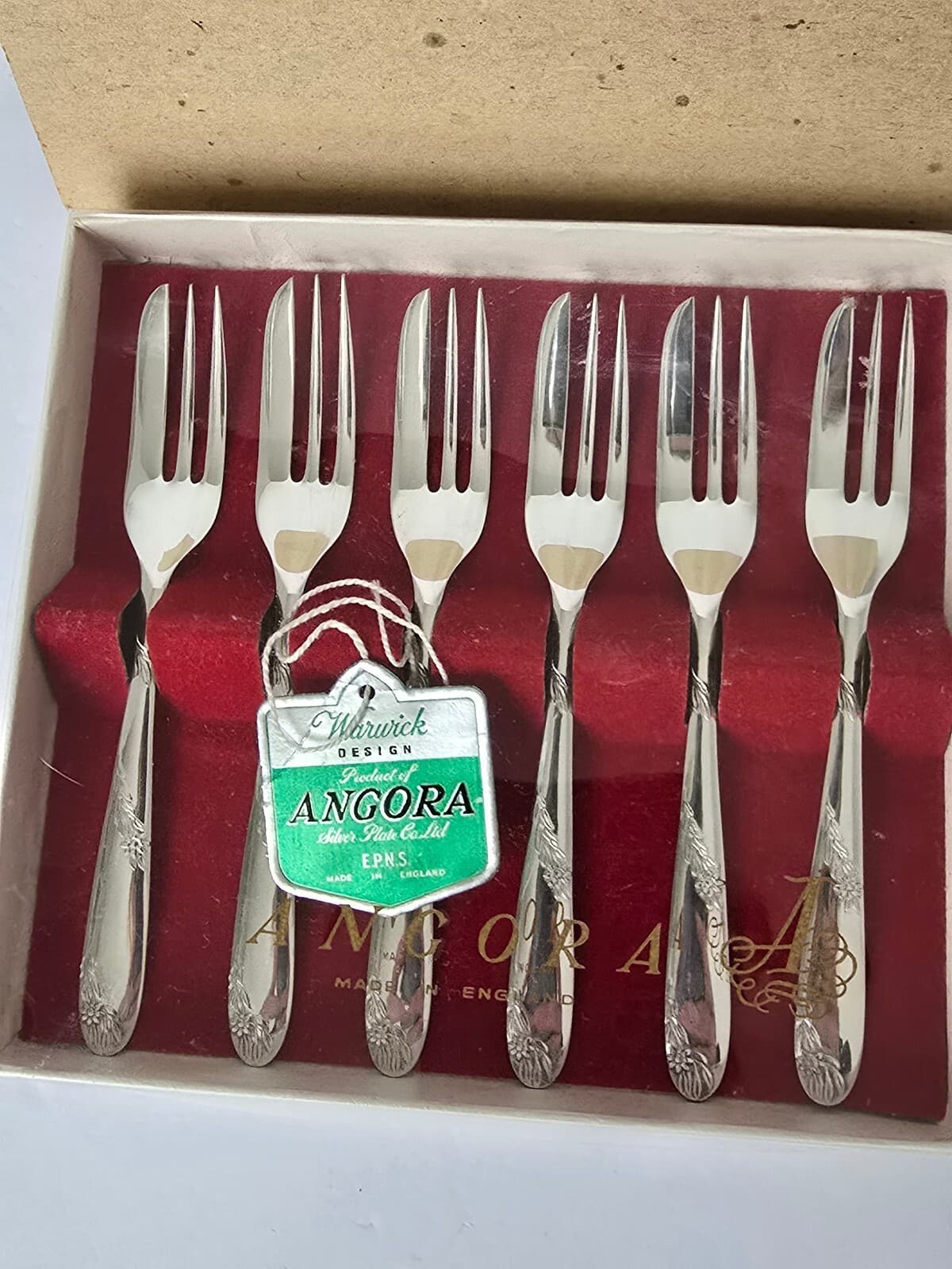 Vintage Angora EPNS Silverplate Pastry Cake Forks Set of 6 with Original Box