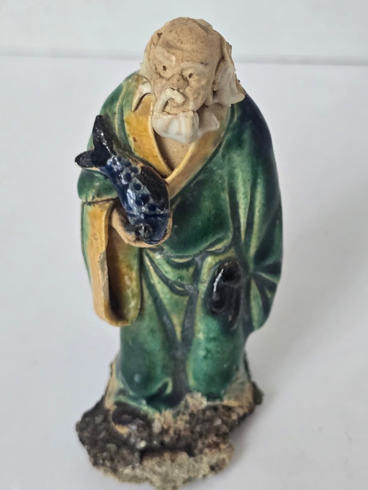 Vintage Shiwan Mudman Figurine - Green Glazed Wise Elder - As-is. Base damaged