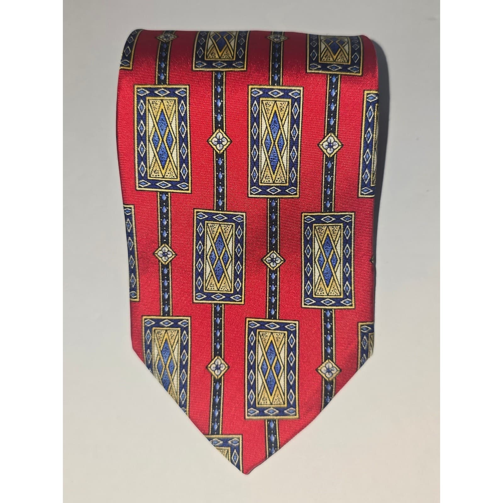 Vintage Rooster Mens Silk Tie Red Teal Blue Geometric Abstract Pattern Necktie