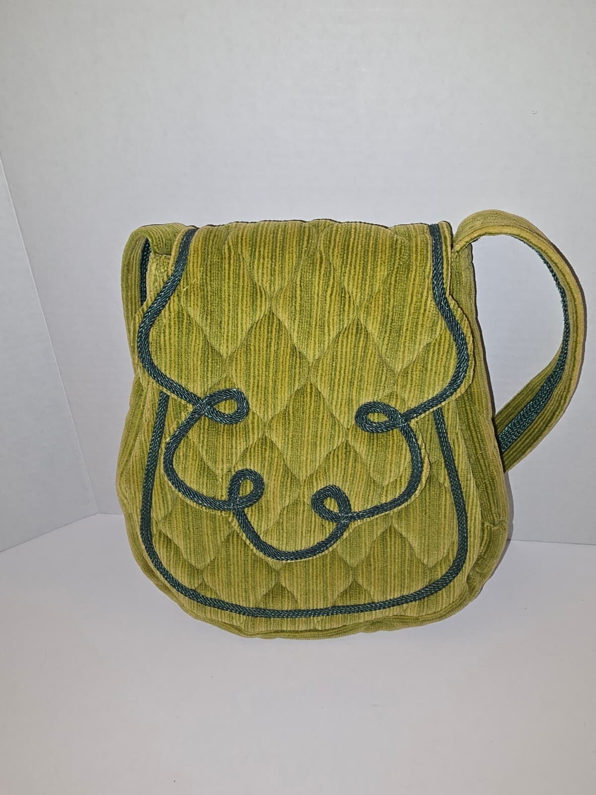 Vintage 70s Quilted Velvet Shoulder Bag Chartreuse Lime Green Soutache Trim Boho