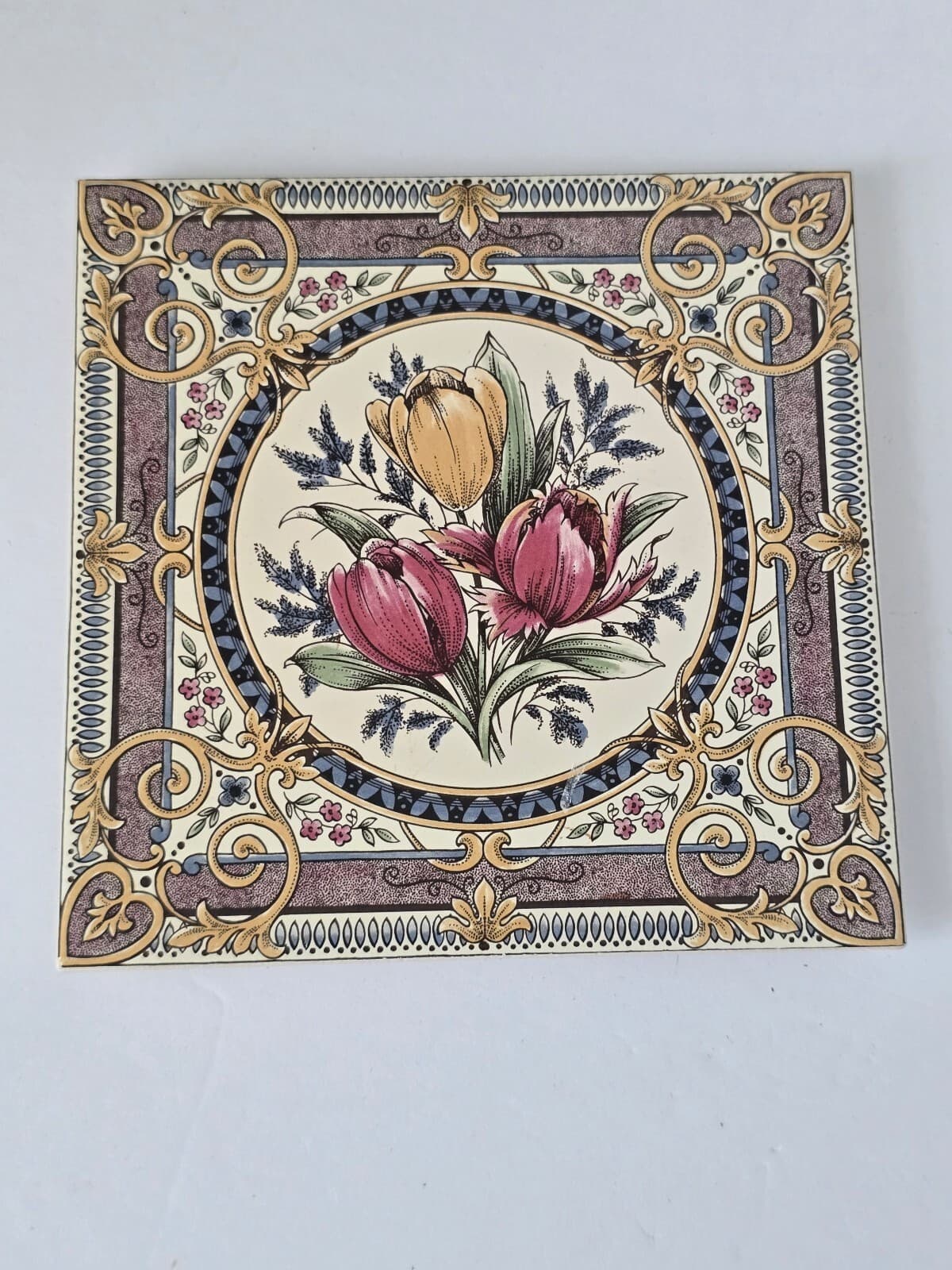 Antique Style Decorative Floral Art Tile Trivet, Ornate Gold/Purple