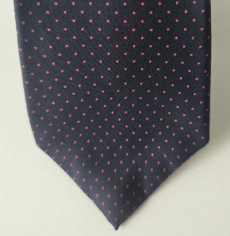 Vintage Hardy Amies London Silk Necktie Navy Blue Pink Polka Dot Mens Tie