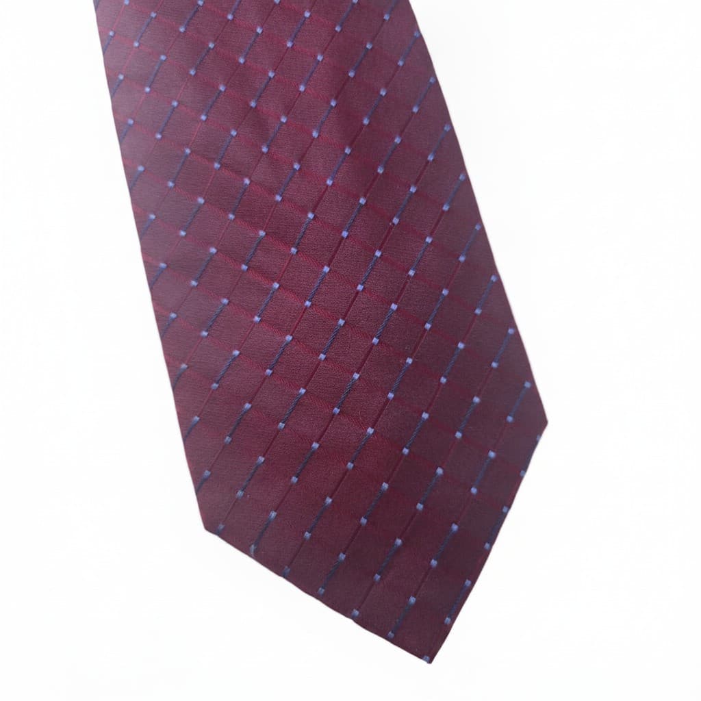 Valerio Garati Hand Made Pure Silk Tie Burgundy Red Blue Grid Pattern Geometric