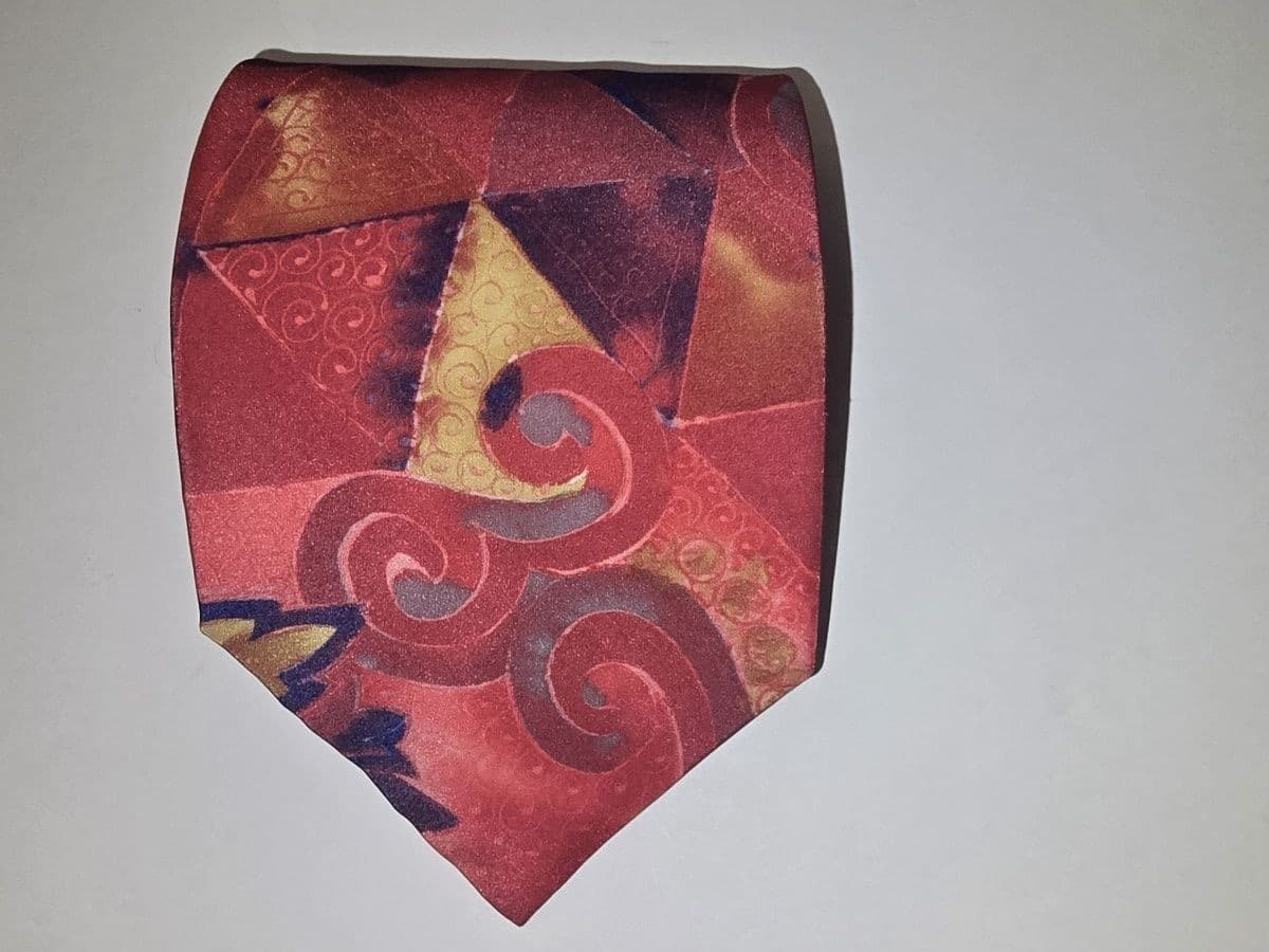 Vintage Oleg Cassini Silk Tie 90s Abstract Geometric Art Deco Swirl Bold RedGold